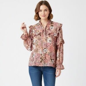 Koko + Mason Floral Cottagecore‎ Shabby Ruffle Tie Neck Long Sleeve Blouse Sz M